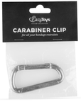 Förpackningen till Carabiner Clip - Kabinhake. Svart förpackning med vit text. Produkten ligger i en genomskinlig påse.