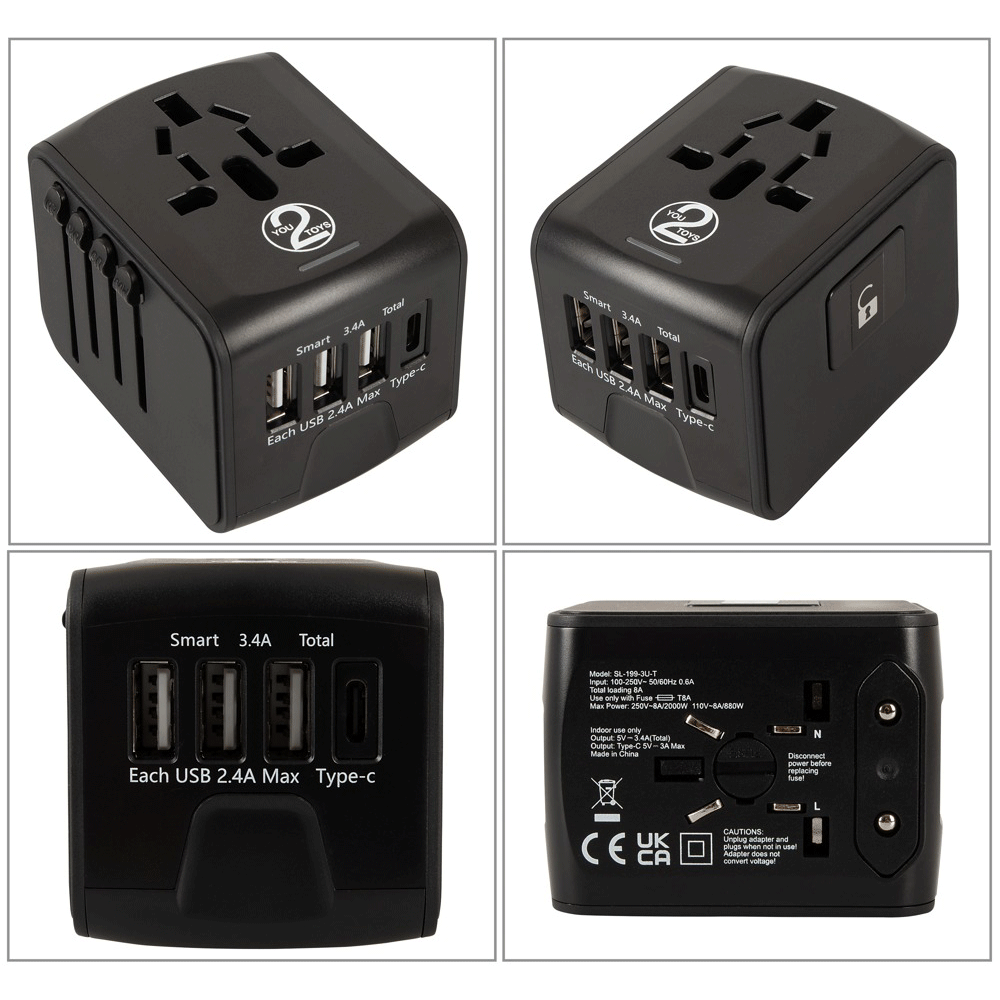 Climaxxr360 universal adapter med flera USB-portar och typ-C anslutning för internationell användning.