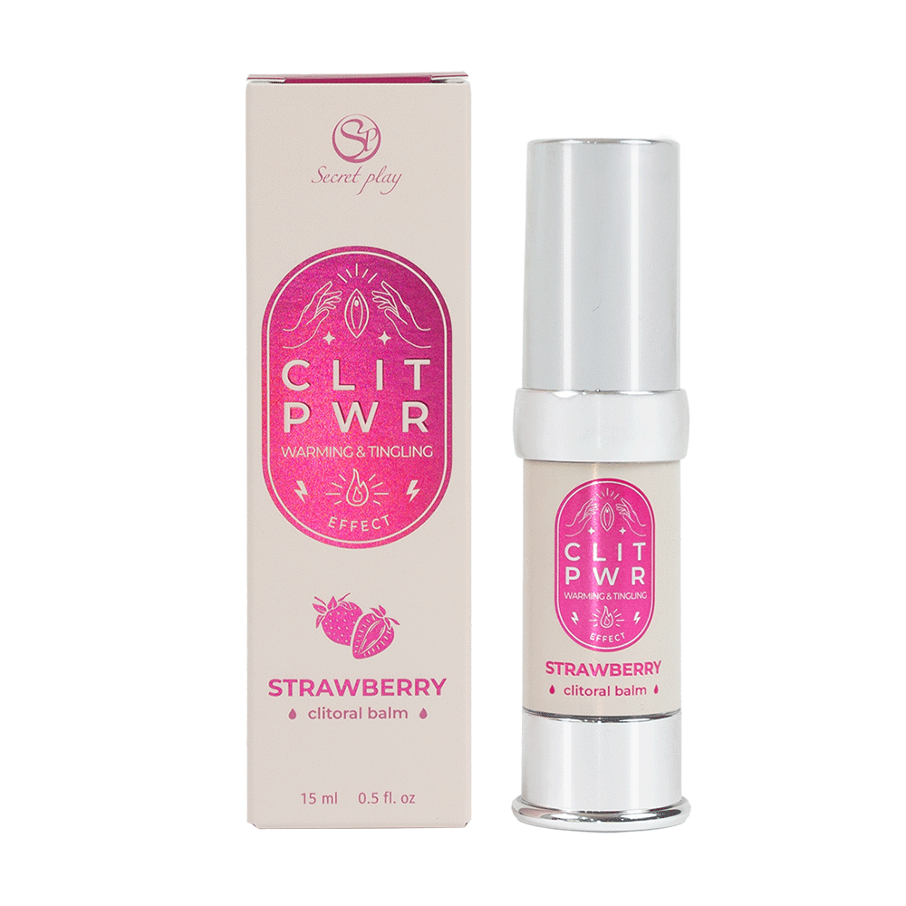 CLIT PWR Strawberry Clitoral Balm och förpackning mot vit bakgrund. Köp lusthöjande på lustly.se