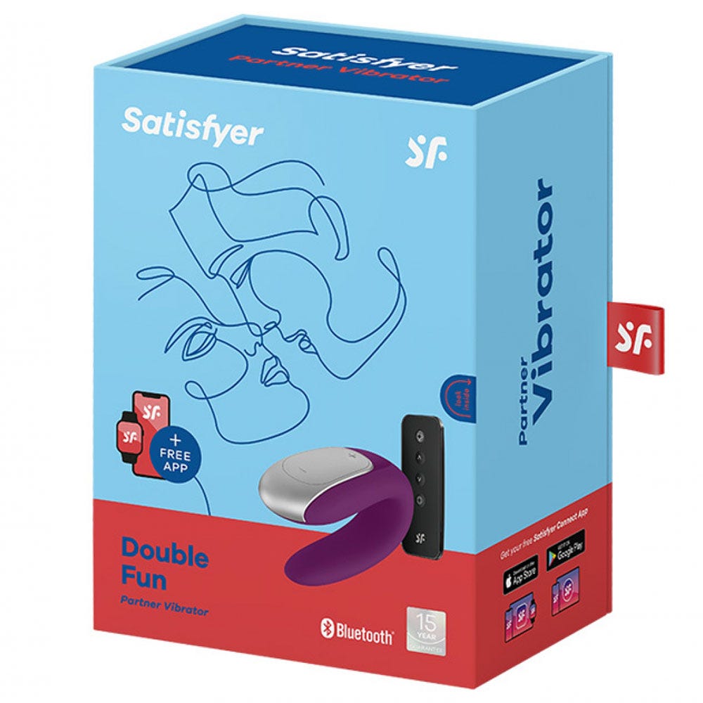 förpackningen av Satisfyer Double Fun Appstyrd Parvibrator Lila. Blå kartong med röda detaljer.