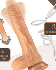 Demonstration på Dr. Skin Realistic Thrusting Dildo Beige 18cm juckande rörelsefunktion och laddare mot vit bakgrund.