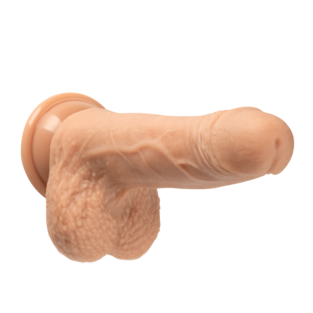 Dr. Skin Realistic Thrusting Dildo Beige 18cm liggandes mot vit bakgrund.