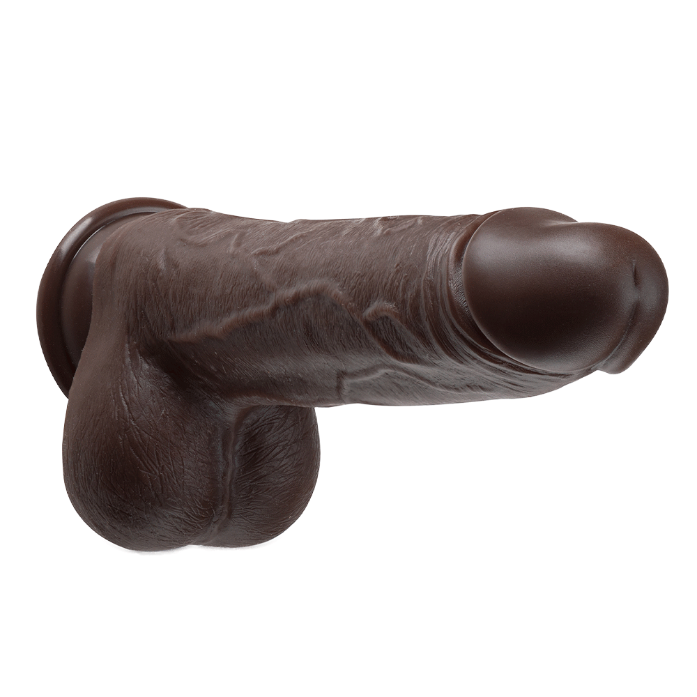 Dr. Skin Realistic Thrusting Dildo Chocolate 20cm liggandes mot vit bakgrund.