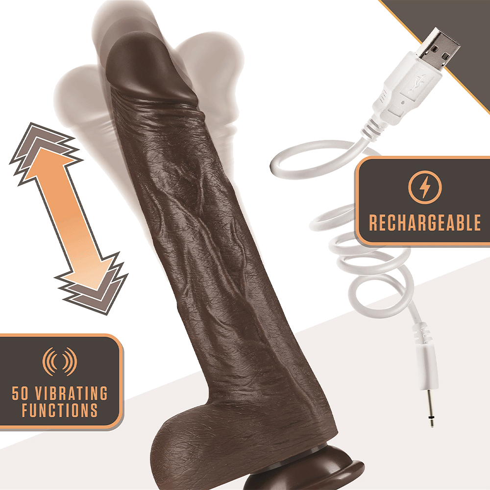 Illustration på Dr. Skin Realistic Thrusting Dildo Chocolate 20cm juckande rörelse och USB-laddare mot vit bakgrund.