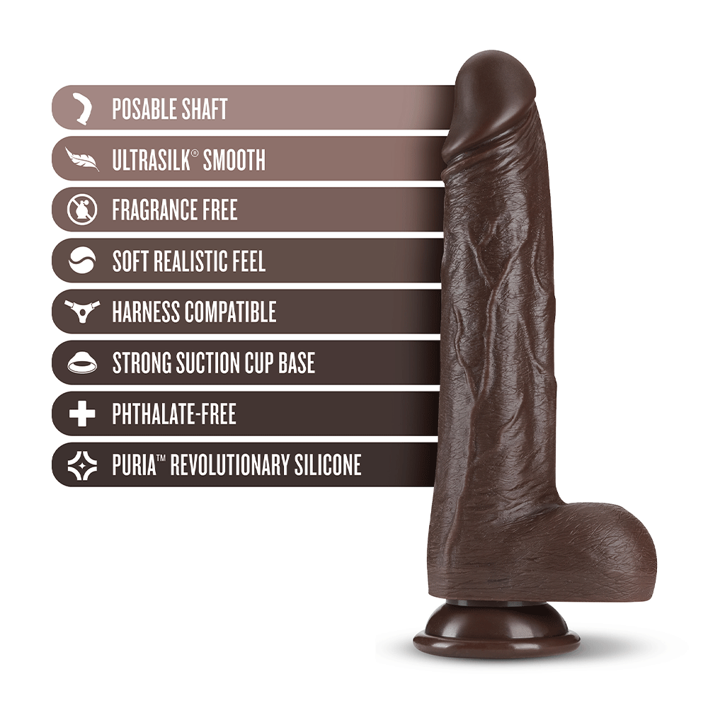 Specifikationer på Dr. Skin Realistic Thrusting Dildo Chocolate 20cm mot vit bakgrund.