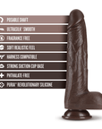 Specifikationer på Dr. Skin Realistic Thrusting Dildo Chocolate 20cm mot vit bakgrund.