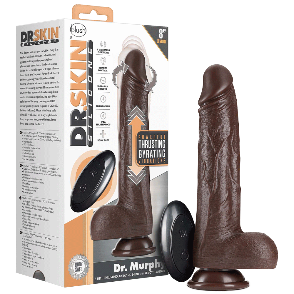 Produktförpackning på Dr. Skin Realistic Thrusting Dildo Chocolate 20cm mot vit bakgrund.