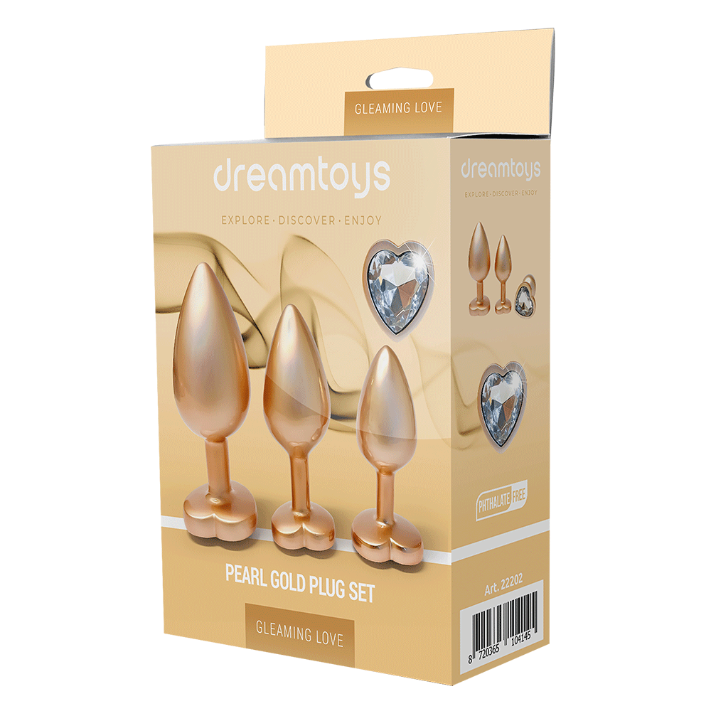 DreamToys Gleaming Love Gold Buttplug Set förpackning mot vit bakgrund.