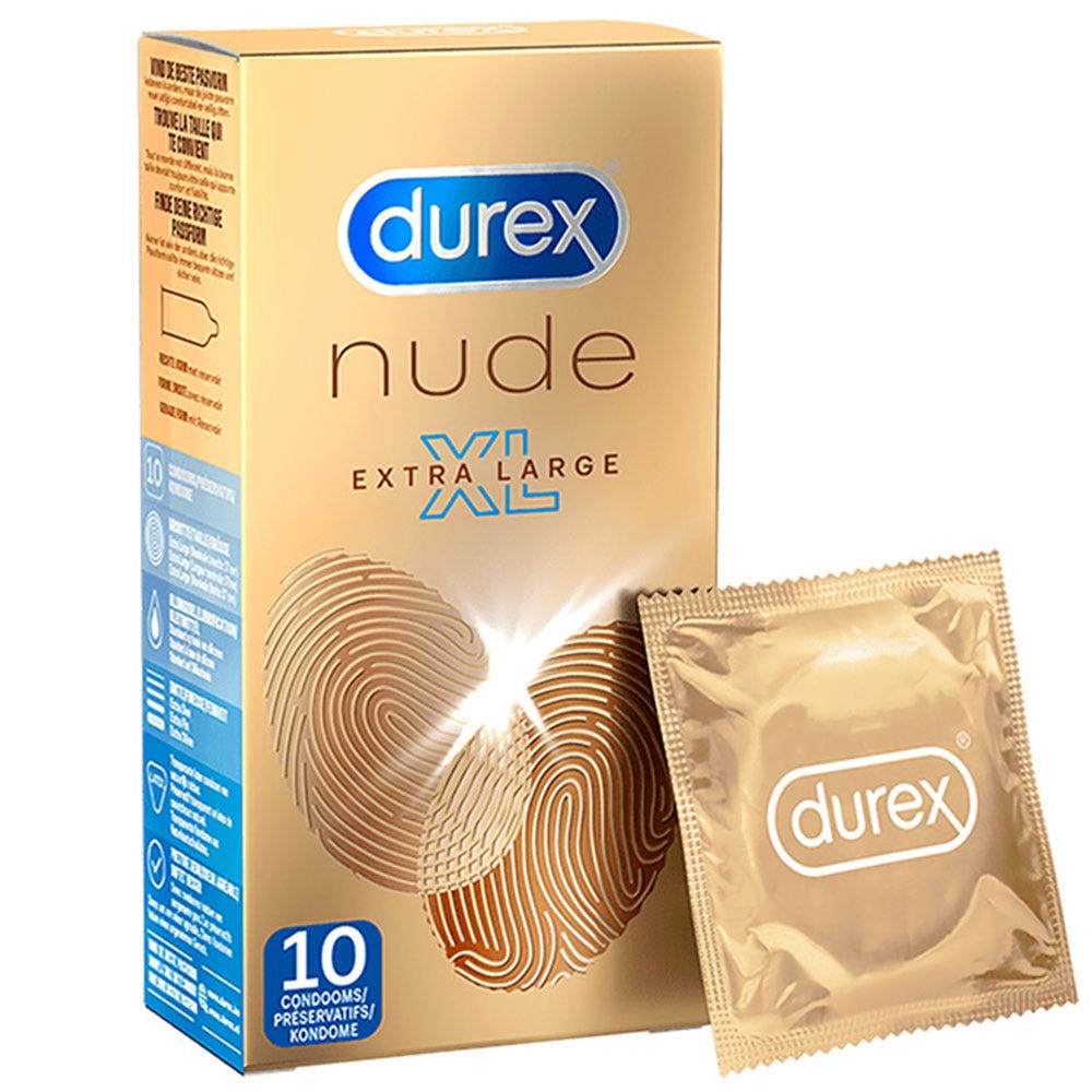 Durex Nude XL 10-pack Tunna Kondomer mot vit bakgrund. Köp på lustly.se