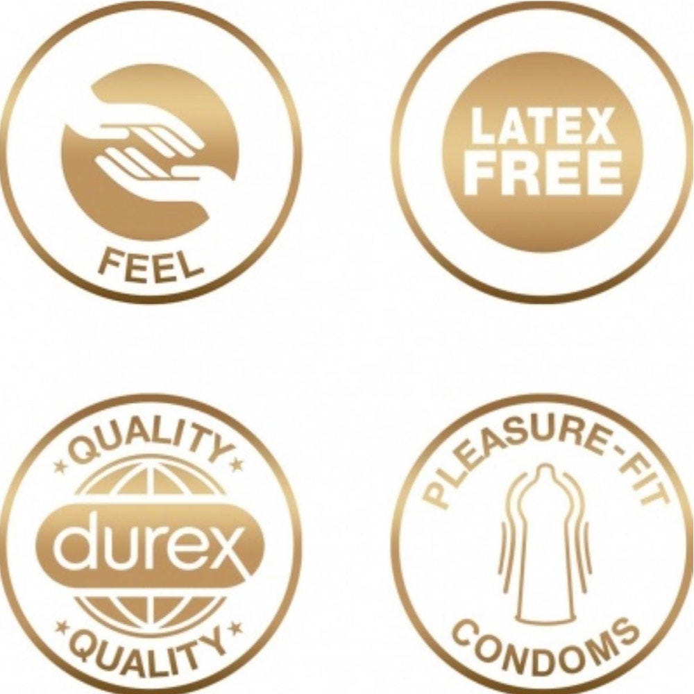 Durex real feel 10-pack Tunna & Latexfria Kondomer bulletpoints.