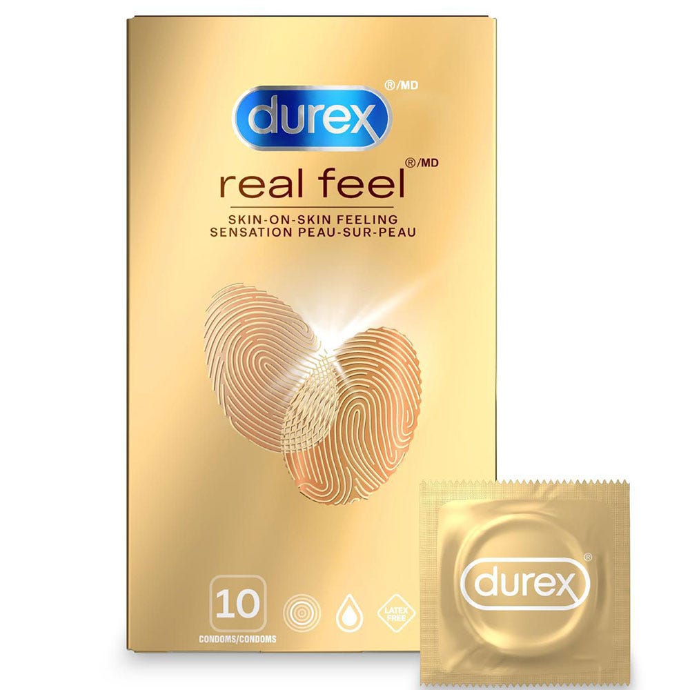 Durex real feel 10-pack Tunna & Latexfria Kondomer mot vit bakgrund. Köp på Lustly.se