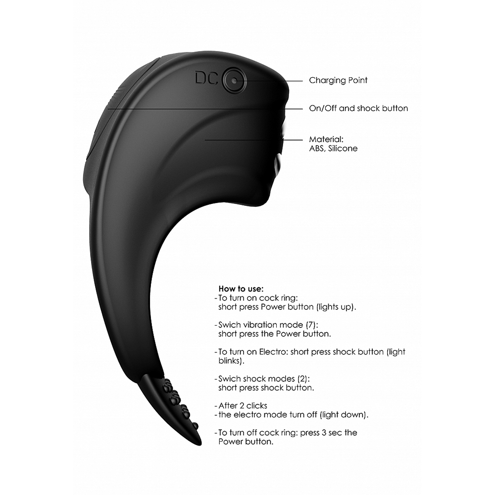 Specifikationer på E-Stimulation Cockring &amp; C-Spot Massager mot vit bakgrund.