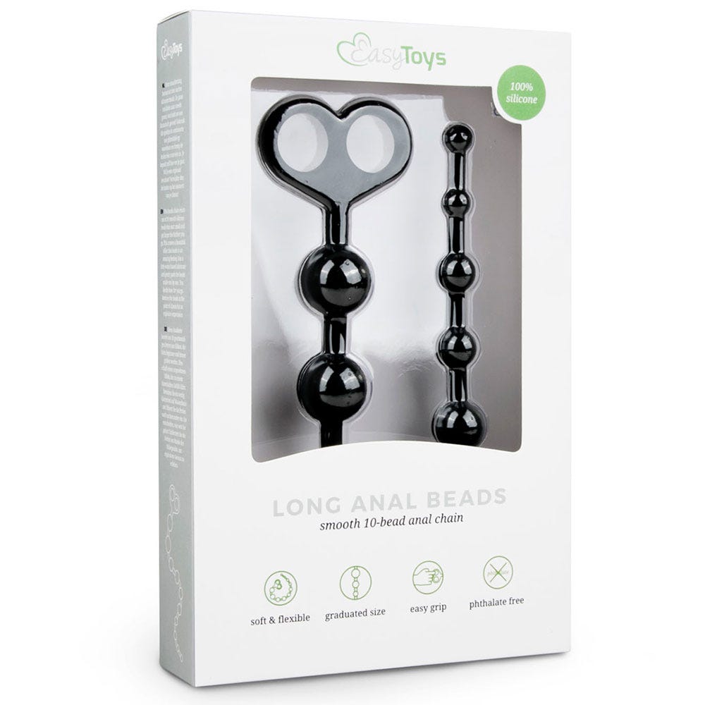 Easytoys Long Anal Beads Black produktförpackning mot vit bakgrund.