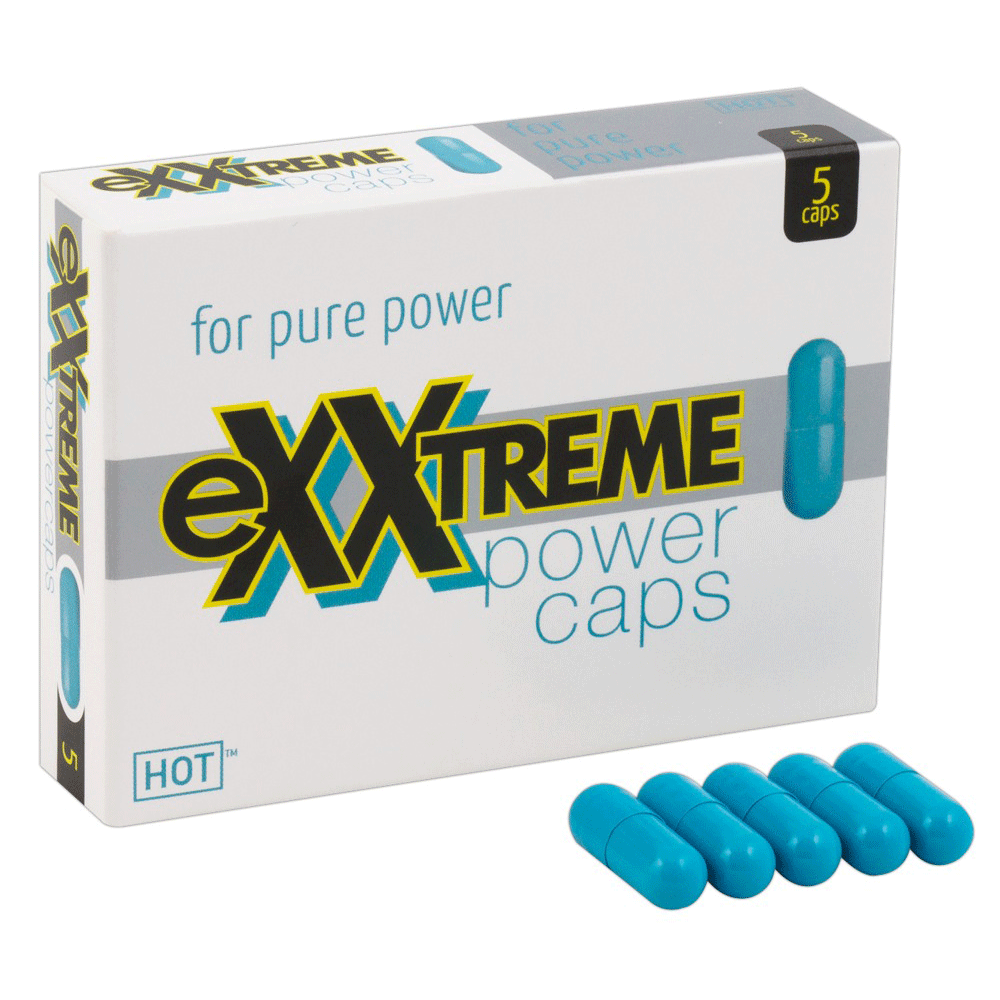 Exxtreme Power Caps produktförpackning och fem stycken blåa piller mot vit bakgrund.