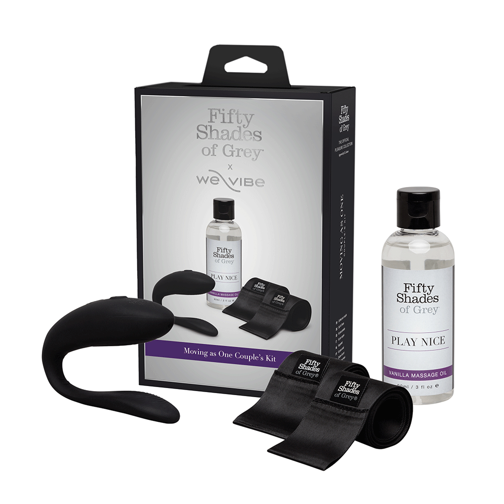 Fifty Shades Of Grey x We-Vibe Moving As One Kit produkttillbehör mot vit bakgrund.