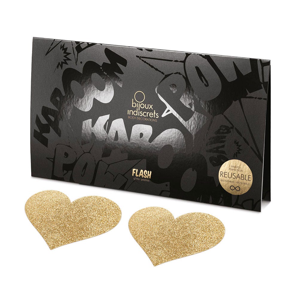 Flash Heart Pasties Gold och produktförpackning mot vit bakgrund.