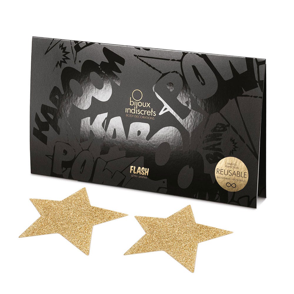 Flash Star Pasties Gold och produktförpackning mot vit bakgrund.