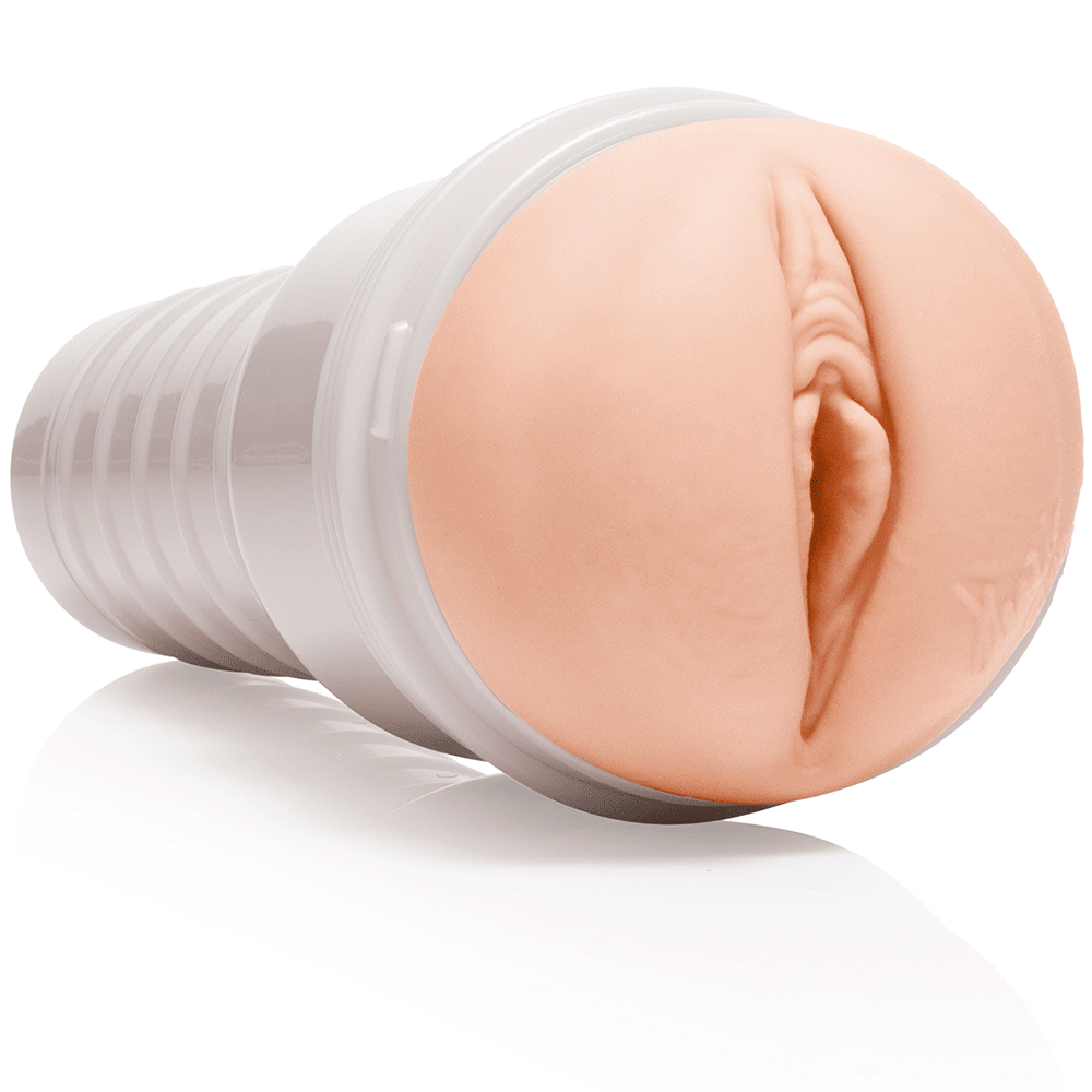 sidvinkel av Fleshlight Girls Kenzie Reeves Creampuff med vitt blankt handdtag mot vit bakgrund.