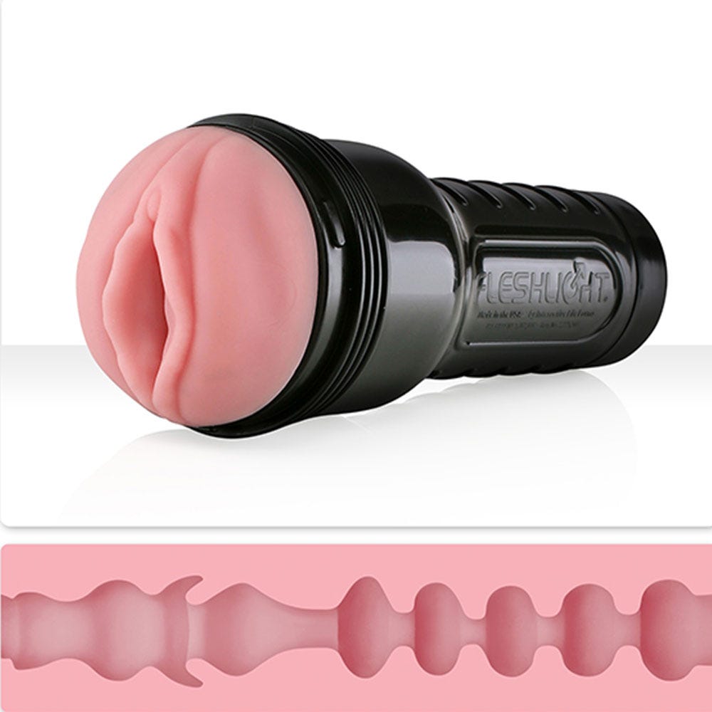 Fleshlight Pink Lady Mini-Lotus produktbild från sidan och den inre strukturen. Vit bakgrund.