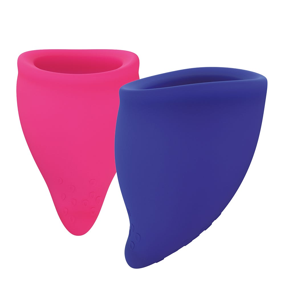 Fun Factory Fun Cup 2-pack Size A&B rosa och lila menskopp mot vit bakgrund.