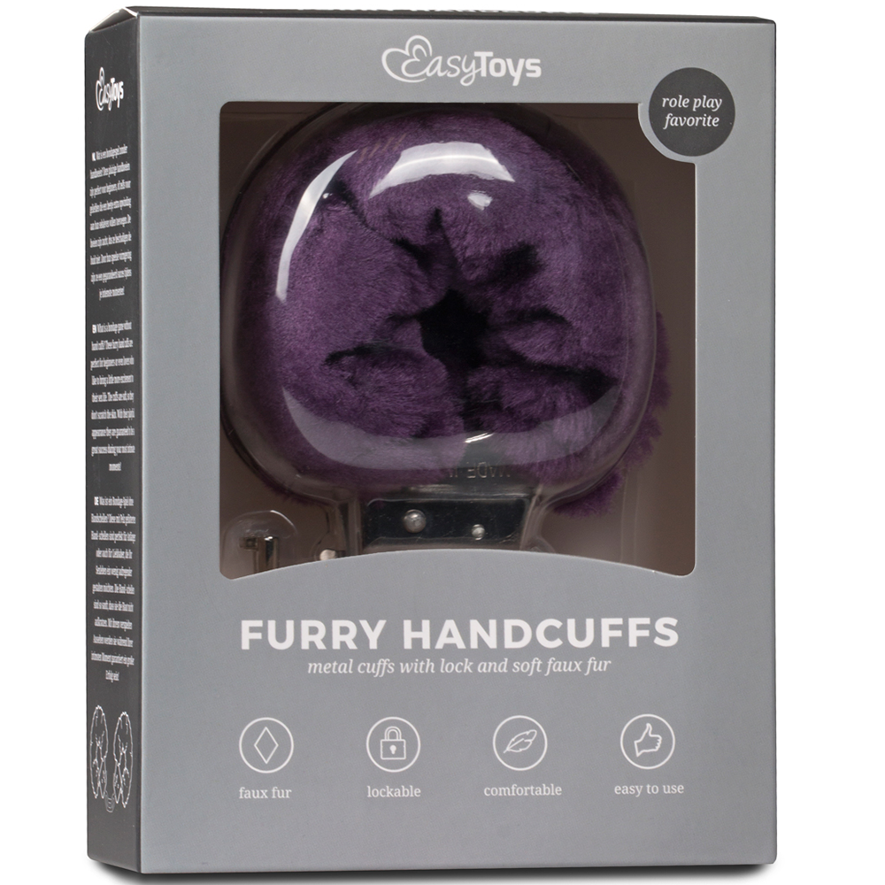 Furry Handcuffs Purple i grå förpackning. 