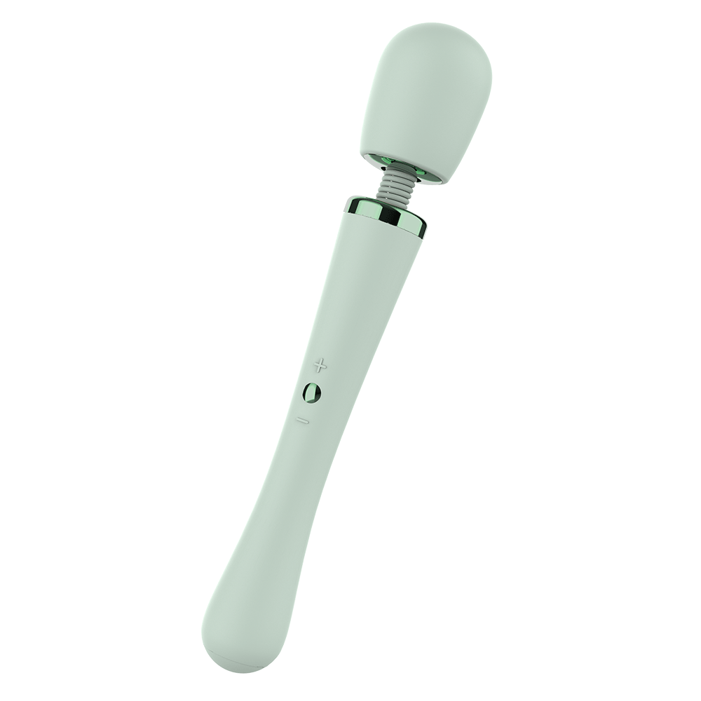 XL Wand Vibrator i lutad vinkel, visar både knappar och halsens flexibilitet.