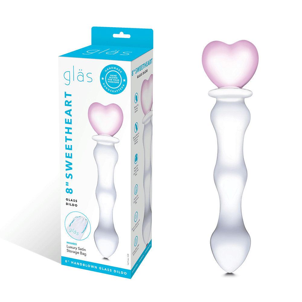 Sweetheart Glass Dildo och produktförpackning mot vit bakgrund.