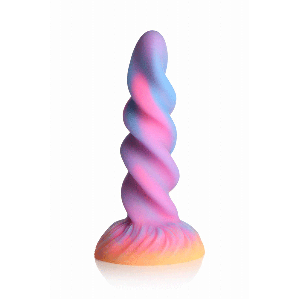 Glow-in-the-Dark Unicorn Dildo ståendes mot vit bakgrund.