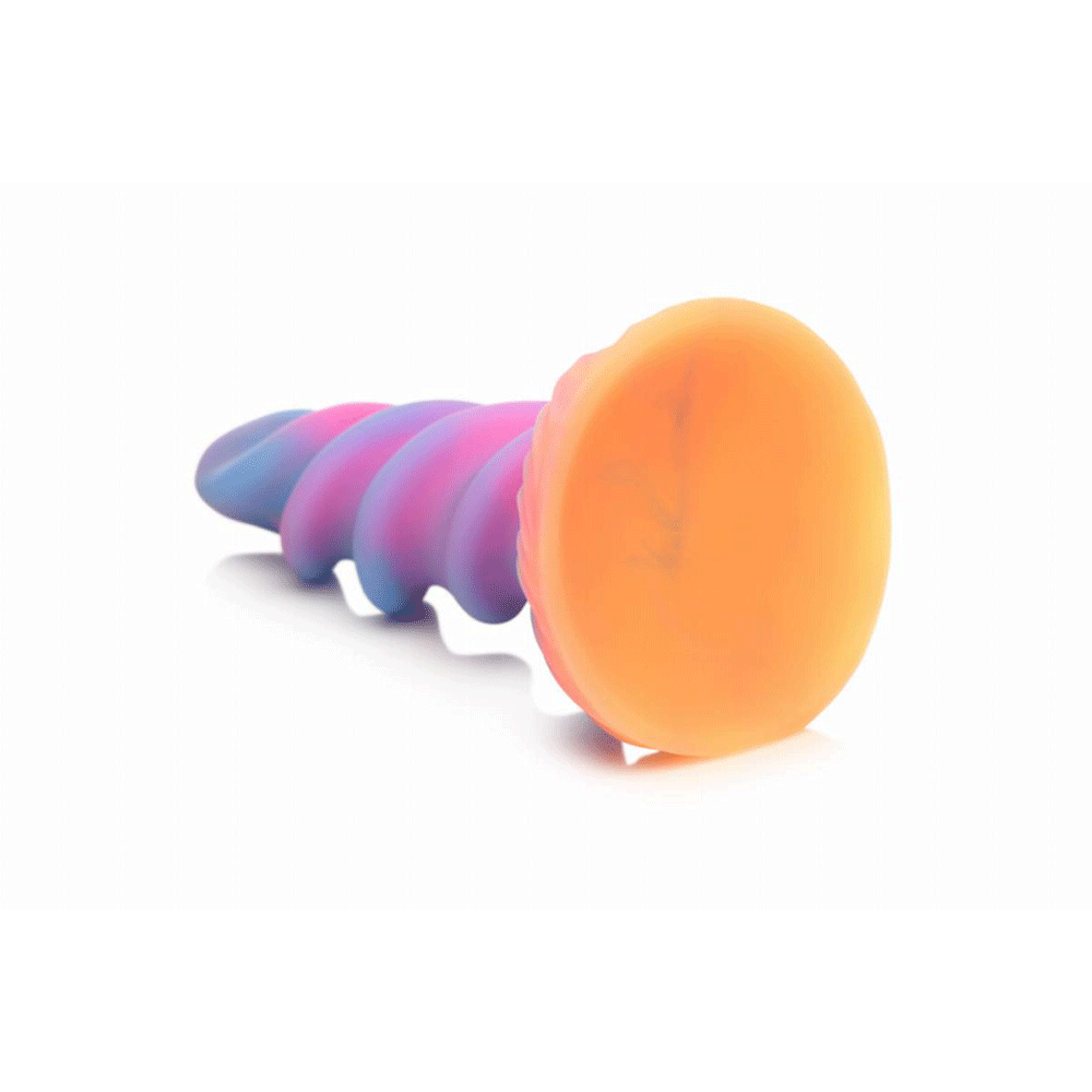 Glow-in-the-Dark Unicorn Dildo sugpropp mot vit bakgrund.