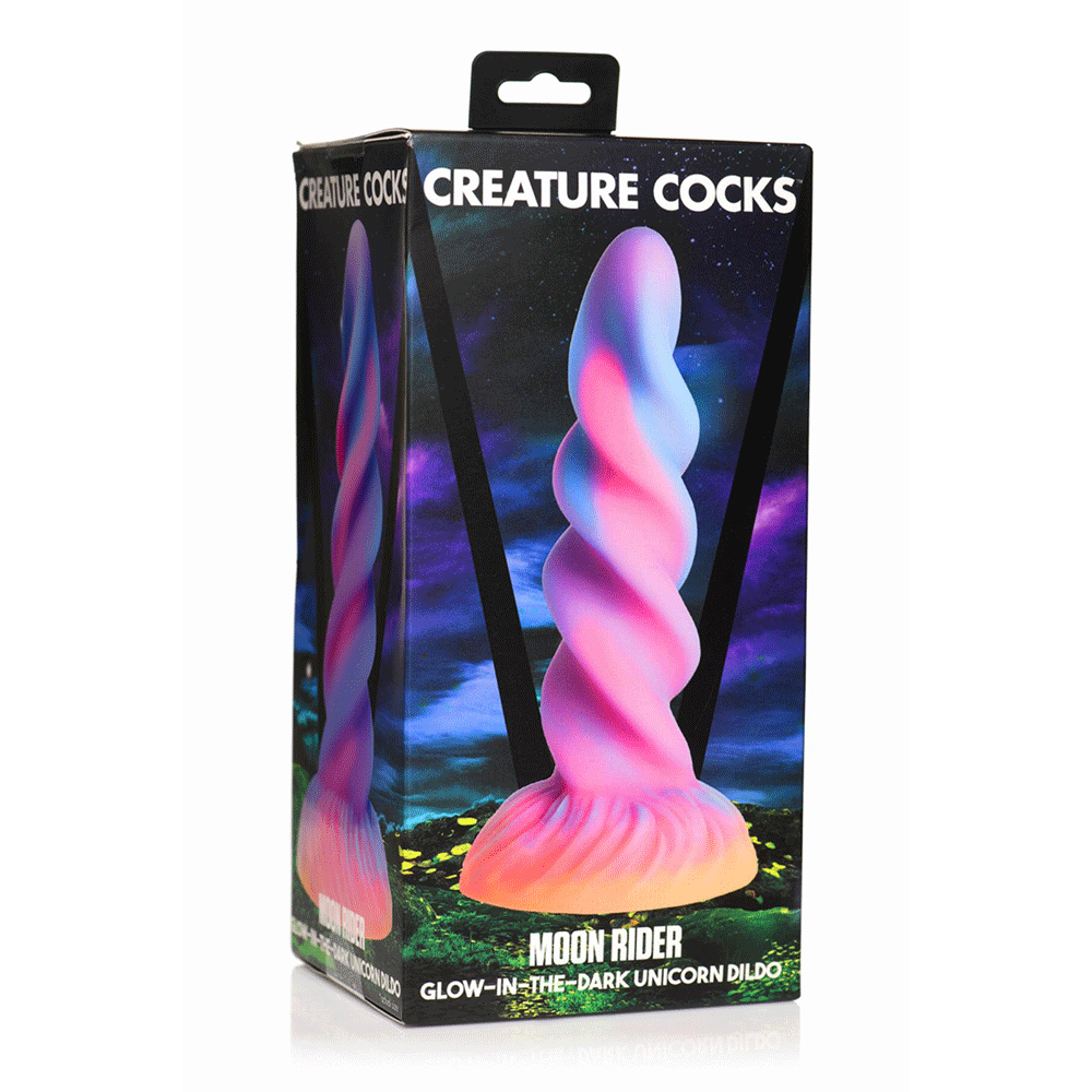 Glow-in-the-Dark Unicorn Dildo produktförpackning mot vit bakgrund.