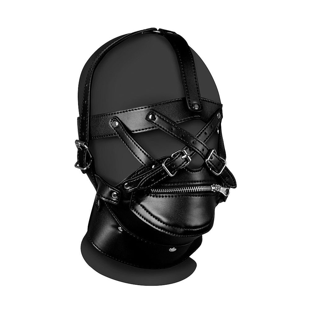 Head Harness with Zip-up Mouth and Lock på ett grått plasthuvud mot vit bakgrund.