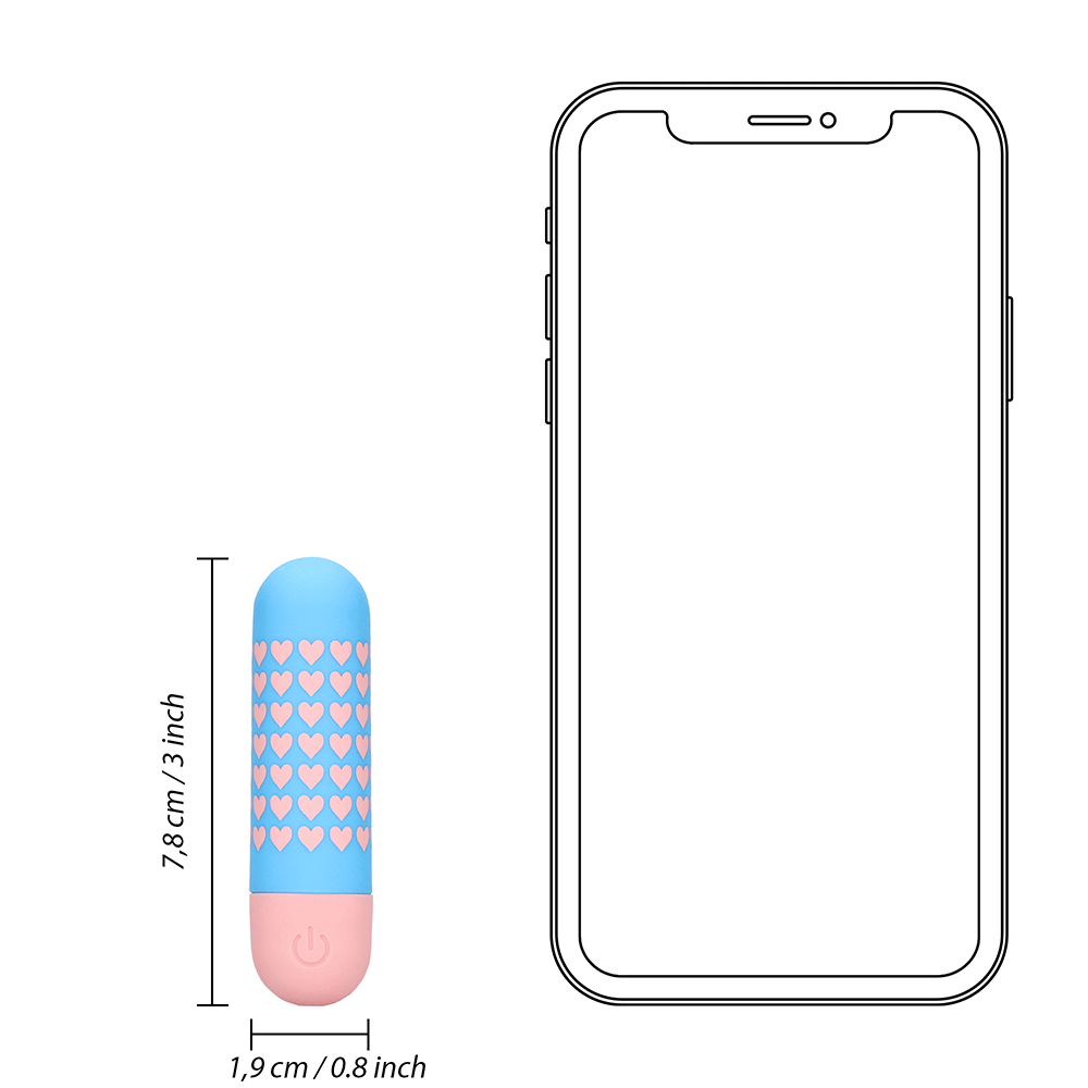 Dimensioner på Heart to Get Bulletvibrator i jämförelse med en smartphone mot vit bakgrund.