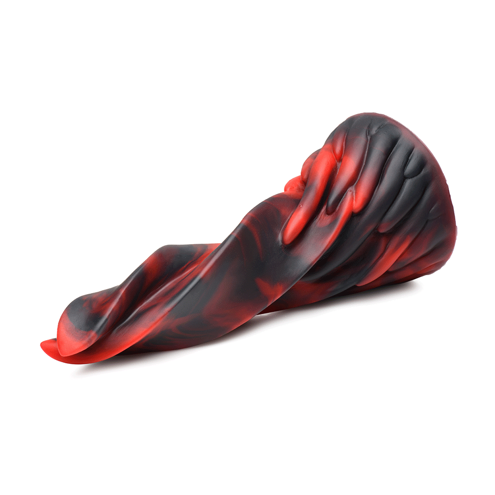 Hell Kiss Twisted Tongues Silicone Dildo liggandes mot vit bakgrund. Undersida.