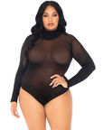 Kvinnlig plus size modell som har på sig Highneck Sleeved Bodysuit + mot vit bakgrund. Framsida.