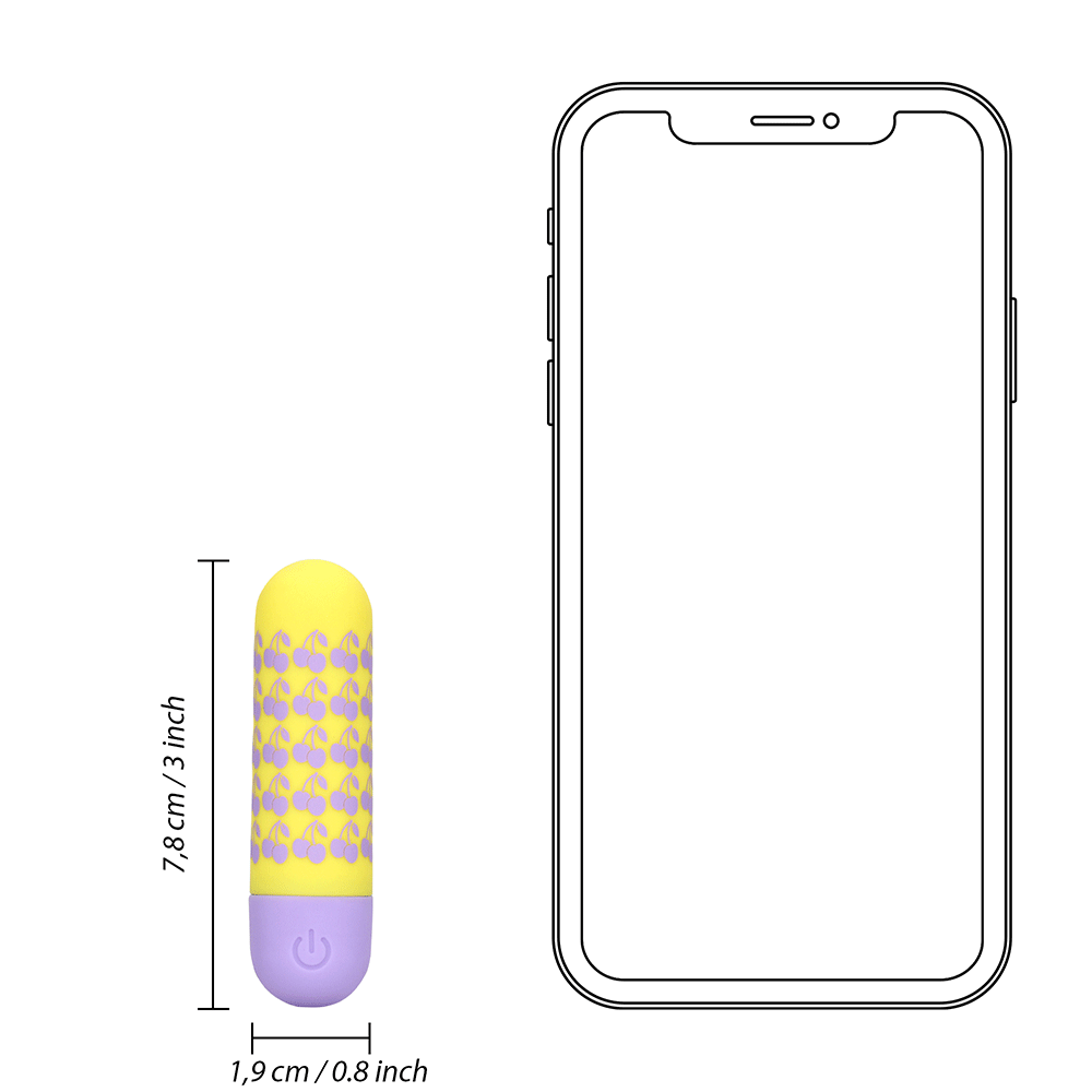 Dimensioner på I Cherryish You Bulletvibrator i jämförelse med en smartphone mot vit bakgrund.