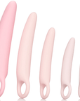 Inspire Silicone Dilator 5 Pcs Set. Fem dialatorer i ljusrosa färg. Växer i storleken från höger till vänster.