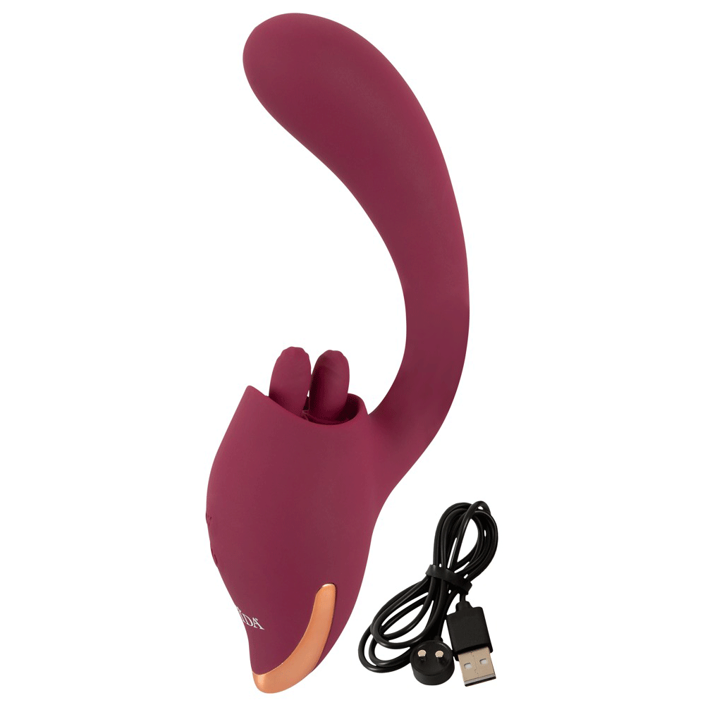 Javida Rabbitvibrator med USB-laddare bredvid mot vit bakgrund.