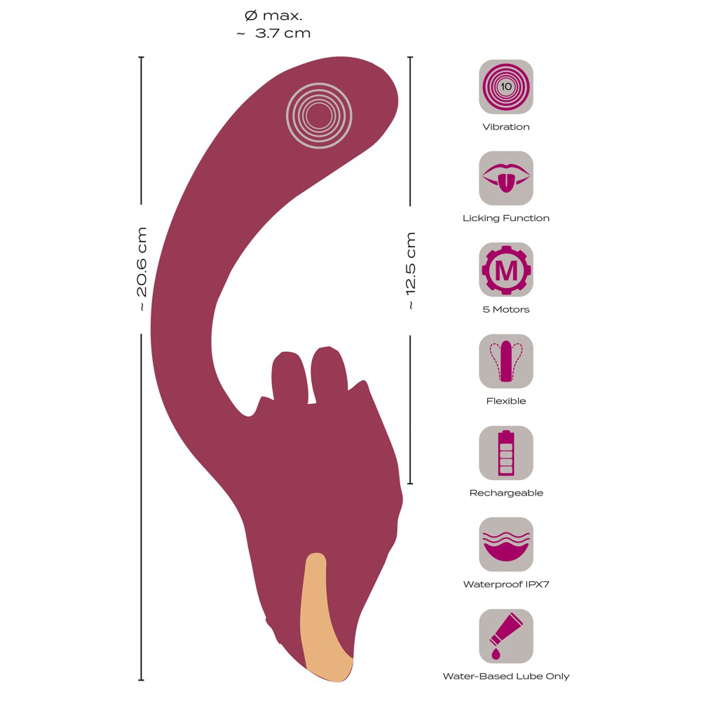 Javida Rabbitvibrator specifikationer mot vit bakgrund.