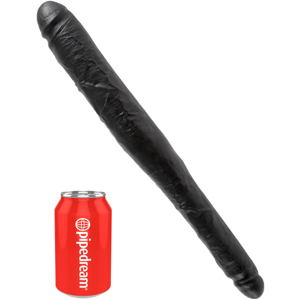 King Cock Tapered Double Dildo Black storleksjämförelse med en 33cl röd läskburk. Vit bakgrund.