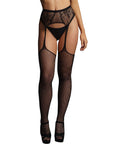 Kvinnlig modell som har på sig Le Désir Fishnet & Lace Garterbelt Stockings S-XL framsida mot vit bakgrund.