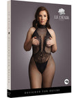 Le Désir Fishnet And Lace Bodystocking Queen Size produktförpackning mot vit bakgrund.