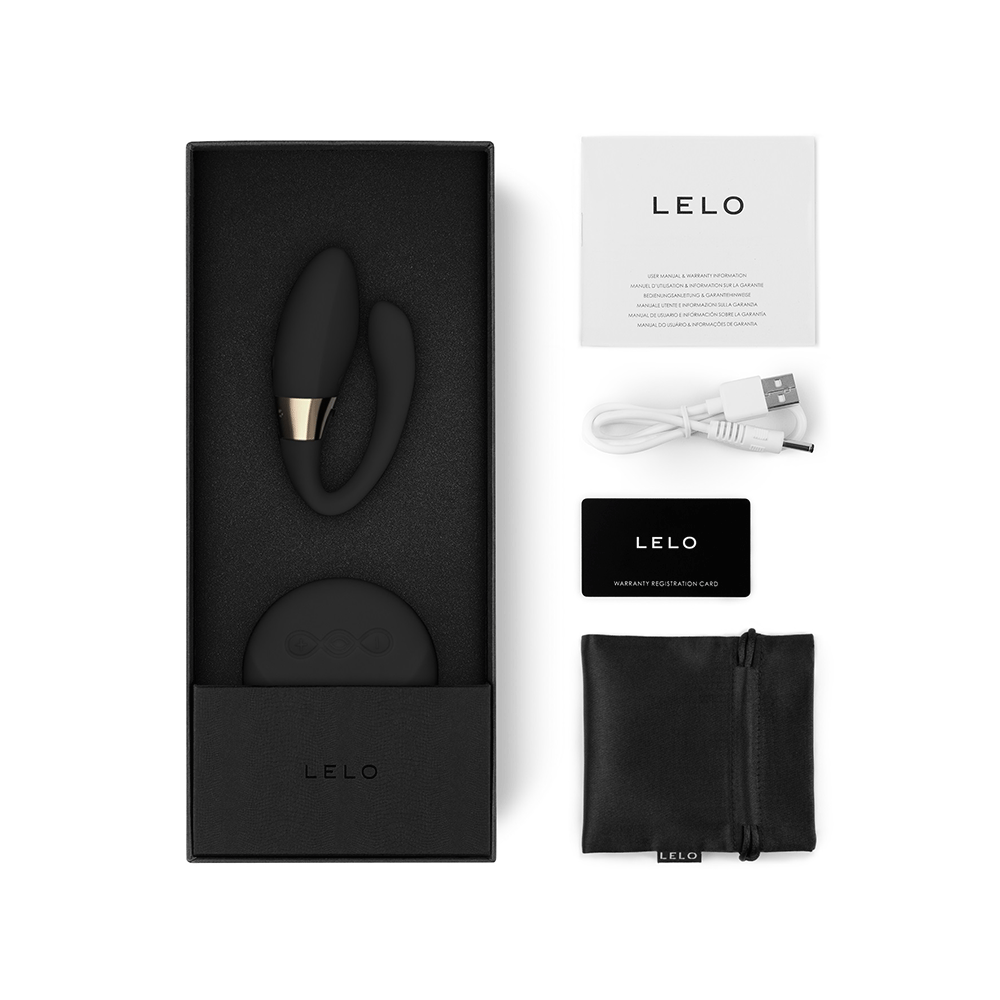 LELO Tiani Duo Black och tillbehör mot vit bakgrund.