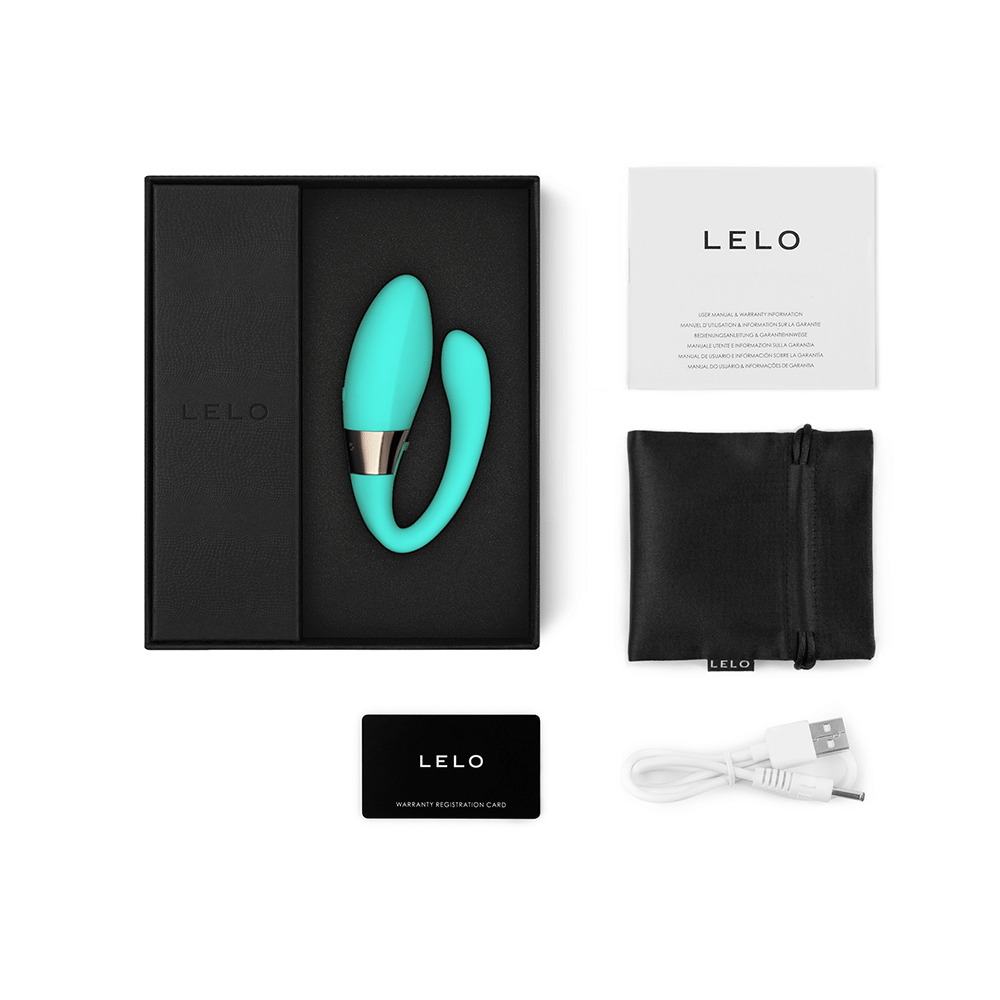 LELO Tiani Harmony Aqua och tillbehör mot vit bakgrund.