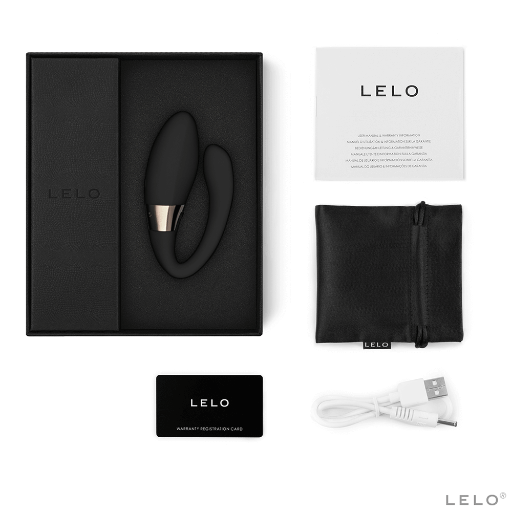 LELO Tiani Harmony Black - Appstyrd Parvibrator med tillbehör. På bilden syns laddare, förvaringspåse samt manual