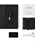 LELO Tiani Harmony Black - Appstyrd Parvibrator med tillbehör. På bilden syns laddare, förvaringspåse samt manual