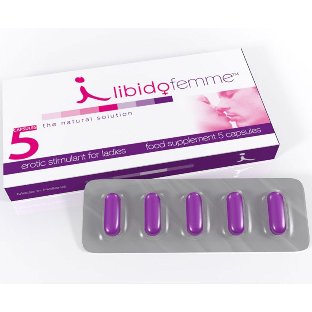 LibidoFemme For Women 5 Capsules liggandes mot vit bakgrund.