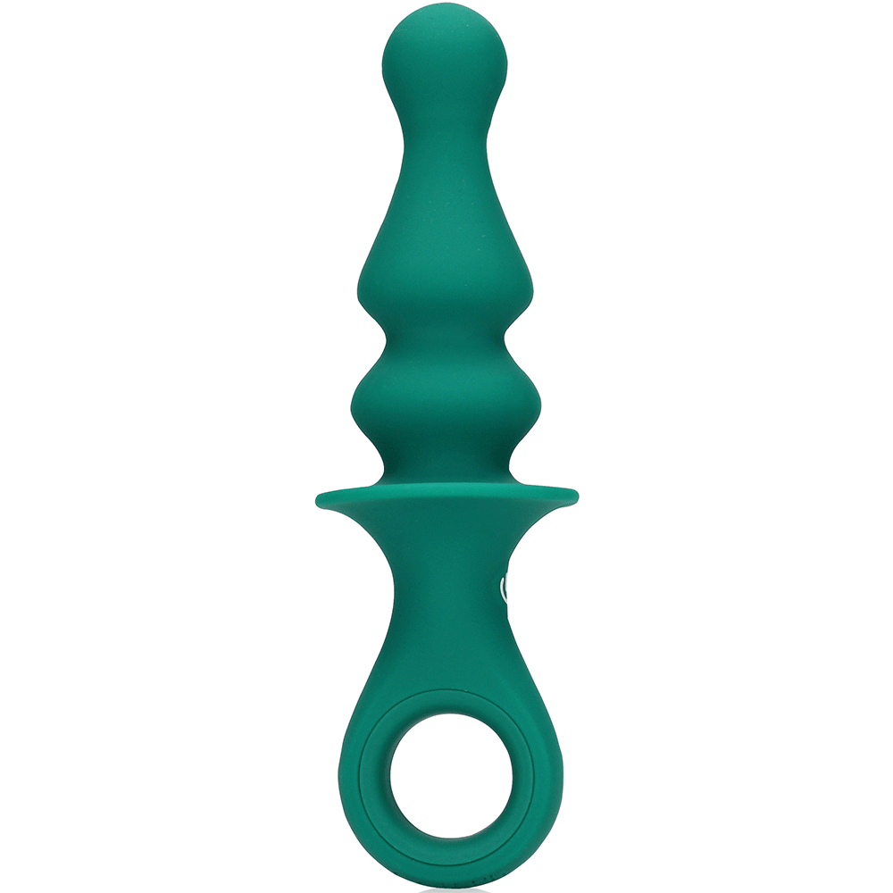 sidvy av Loveline Pawn Shaped Anal Vibrator. Hål i handtaget. Vit bakgrund.