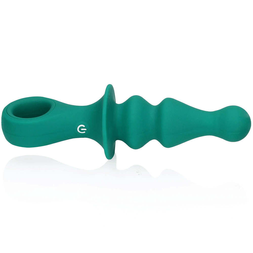 Liggande Loveline Pawn Shaped Anal Vibrator i grön färg. Vit bakrund.