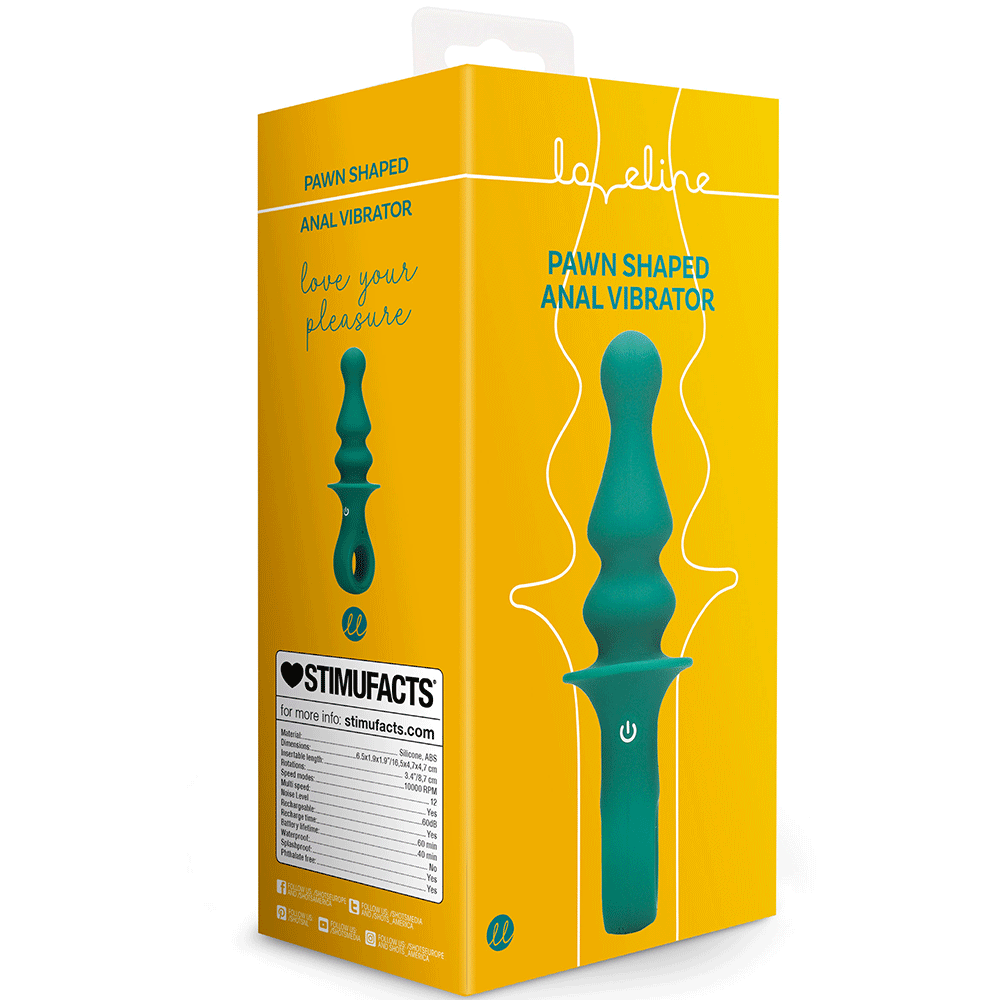 Förpackning till Loveline Pawn Shaped Anal Vibrator. Gul låda med vit och grön text. Produkten på framsidan.