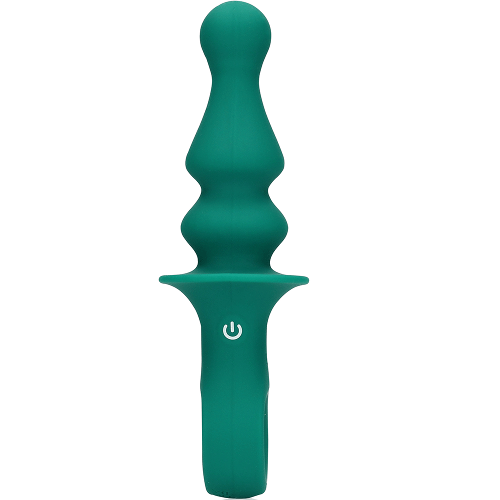 en grön Loveline Pawn Shaped Anal Vibrator. Vit ON/OFF-knapp. Vit bakgrund.